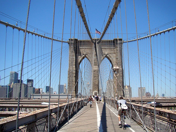 brug, Brooklyn, loopbrug, toren, vlag, mensen, gebouw