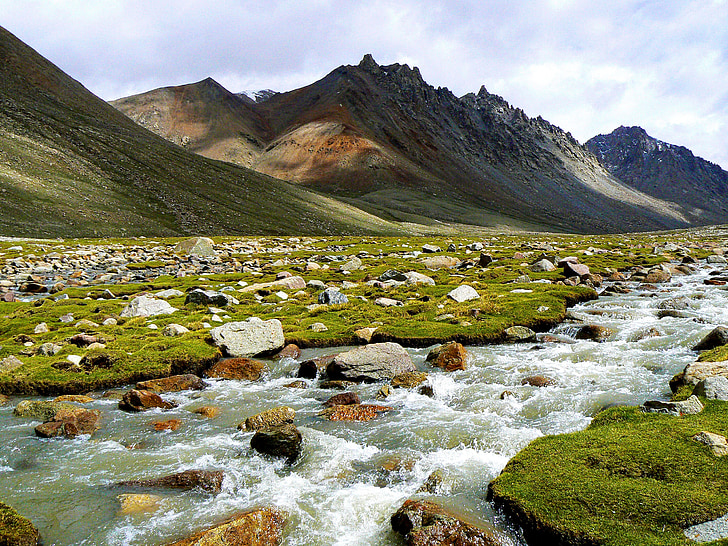 Tibet, folyó, Himalája, hegyek, táj, vadonban, táj