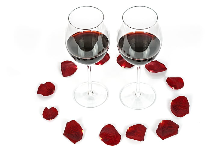 two glasses, gift, light, rose, wine, glass, alcohol