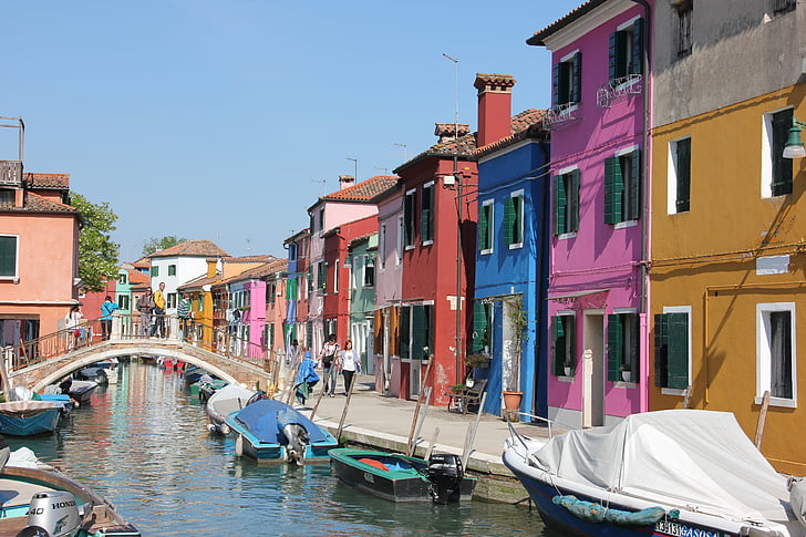 csónakok, víz-csatorna, Lakások, színes, Burano