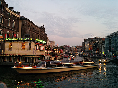 boat, walk, channel, amsterdam, sunset, calm, boats