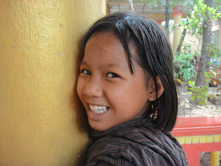 dievča, pekný, smiech, Mjanmarsko, plachý, krása, šťastný