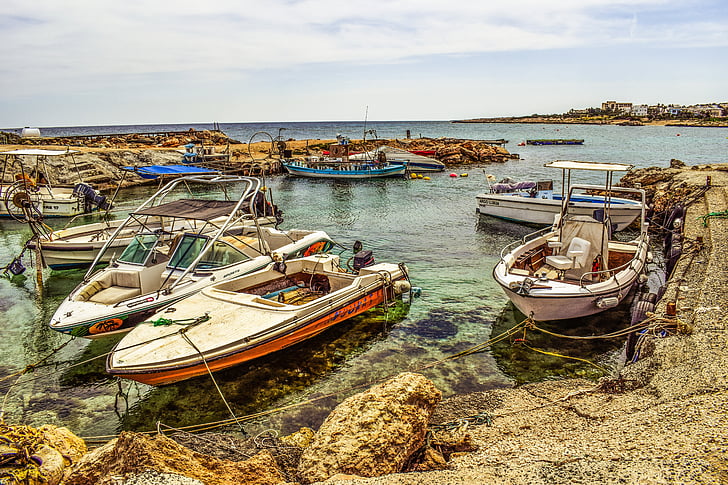 Refugio de pesca, barcos, mar, Puerto, paisaje, Protaras, Chipre
