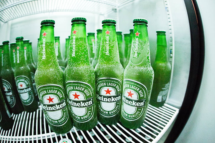 bottles, fridge, green, drinks, beverages, cold, glass