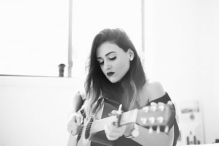 artist, black-and-white, female, guitar, guitarist, musician, string instrument