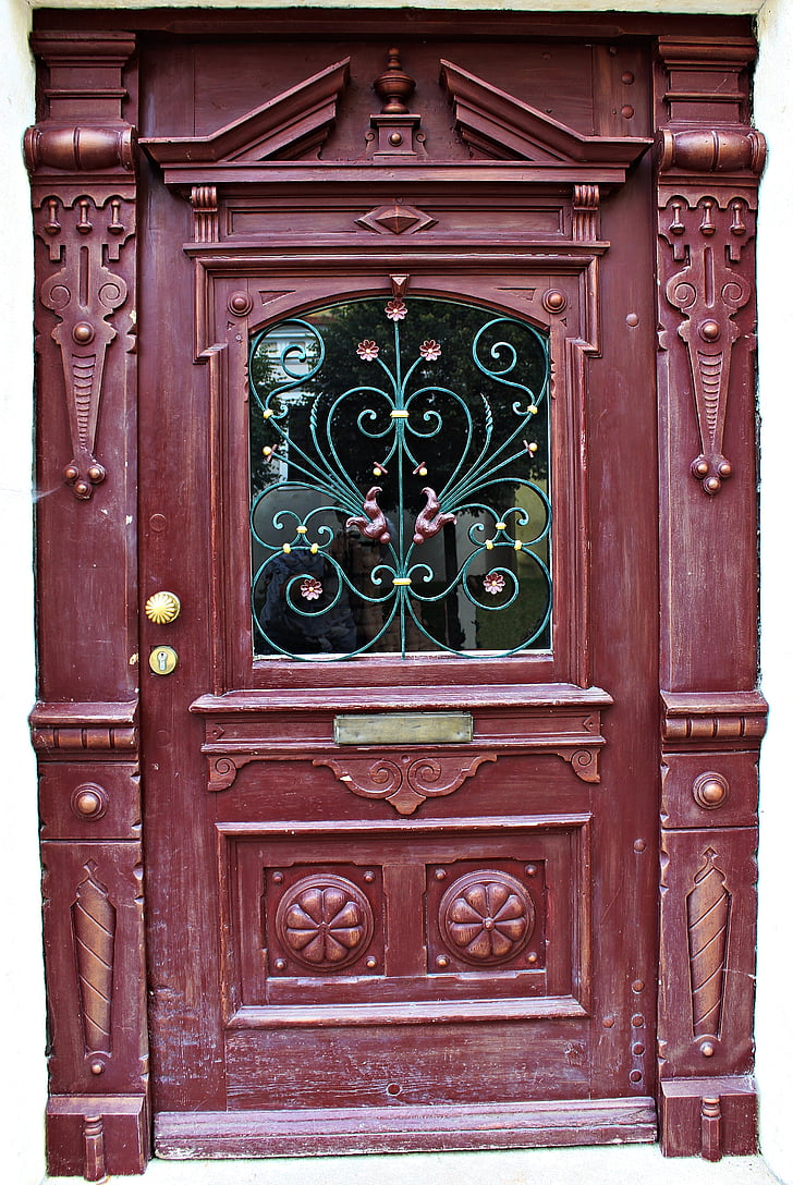 porta de fusta, porta, talla, fusta, l'entrada de casa, l'entrada, metall