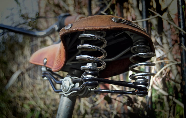 bicycle, bicycle saddle, bike, blur, close -up, coil, leather seat