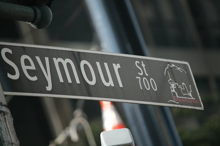 dopravnú značku, názov ulice, Dopravná značka, Seymour, Britská Kolumbia, Kanada, Downtown