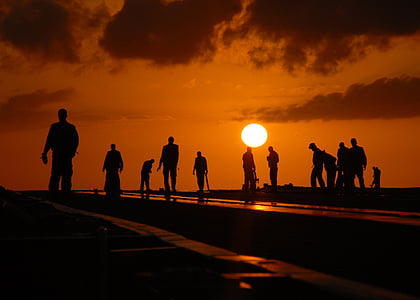 silhouettes, people, worker, dusk, flight deck, aircraft carrier, maintenance