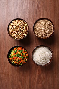 granos enteros, ingredientes cocina, medidor de, avena, semillas de soya, alimentos, madera - material
