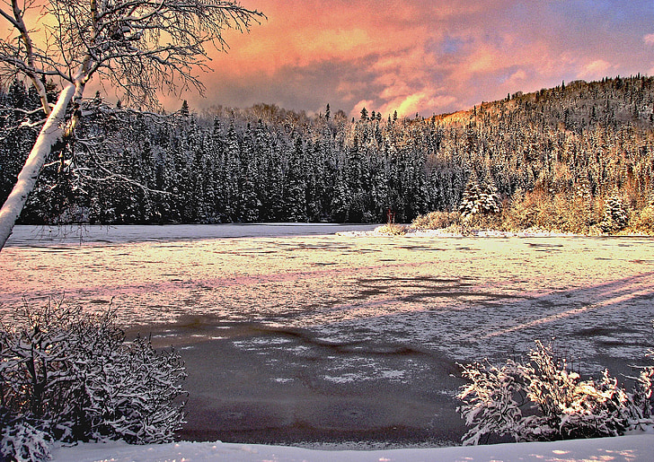 winterlandschap, kleuren, bevroren meer, berg, bomen, Québec