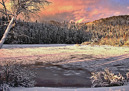 paisagem de inverno, cores, lago congelado, montanha, árvores, Québec