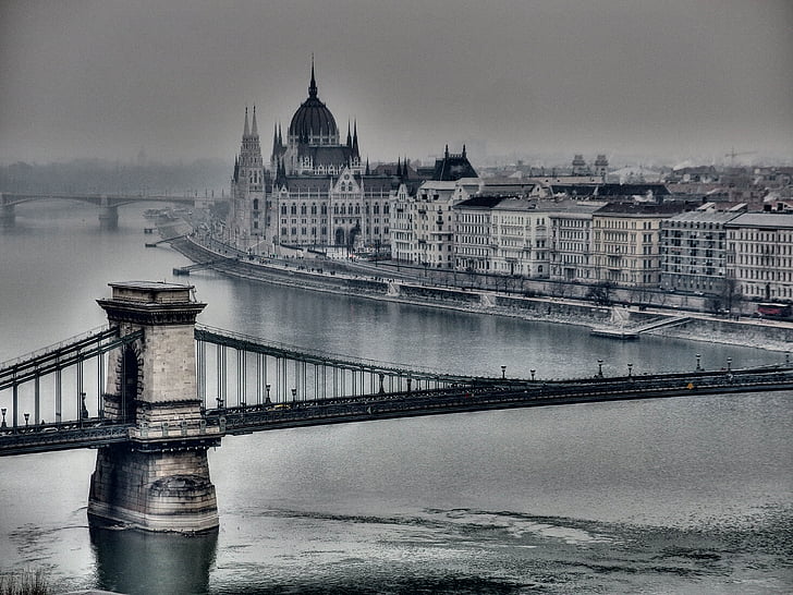 Budapest, blanco y negro, paisaje, invierno, Hungría, Danubio, lluvia