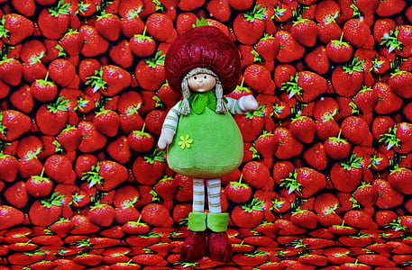 strawberries, doll, fruit, figure, full length, red, one person