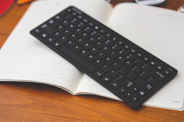 svart, tavle, tastatur, bok, teknologi, skrivebordet, trådløst tastatur