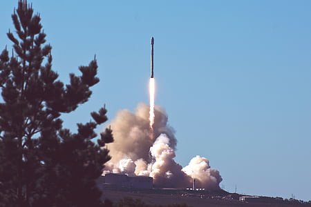 rocket, smoke, trees, clouds, sky, missile, spacecraft