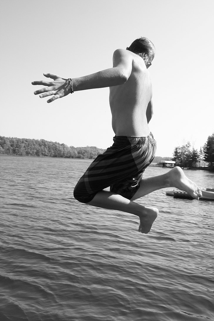 boy, jump, kid, teen, teenager, fun, lake