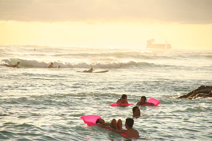 Mar, platja, posta de sol, Hawaii, Waikiki, ona, l'aigua