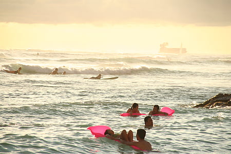mare, spiaggia, tramonto, Hawaii, Waikiki, onda, acqua