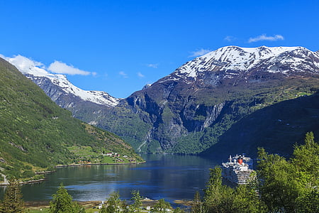 Norwegia, Geiranger, Fjord, air, pemandangan, Pariwisata, Gunung