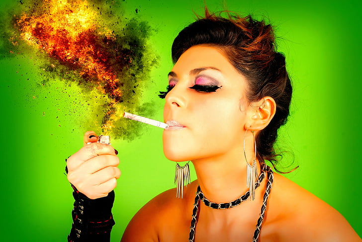 mulher, cabeça, fumar, cigarro, fogo, flama, explosão
