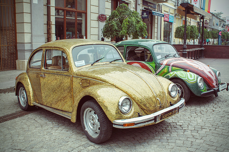 Volkswagen beetle, Volkswagen bag, tyske bilen, to-dørs, retro, økonomien bil, gylden