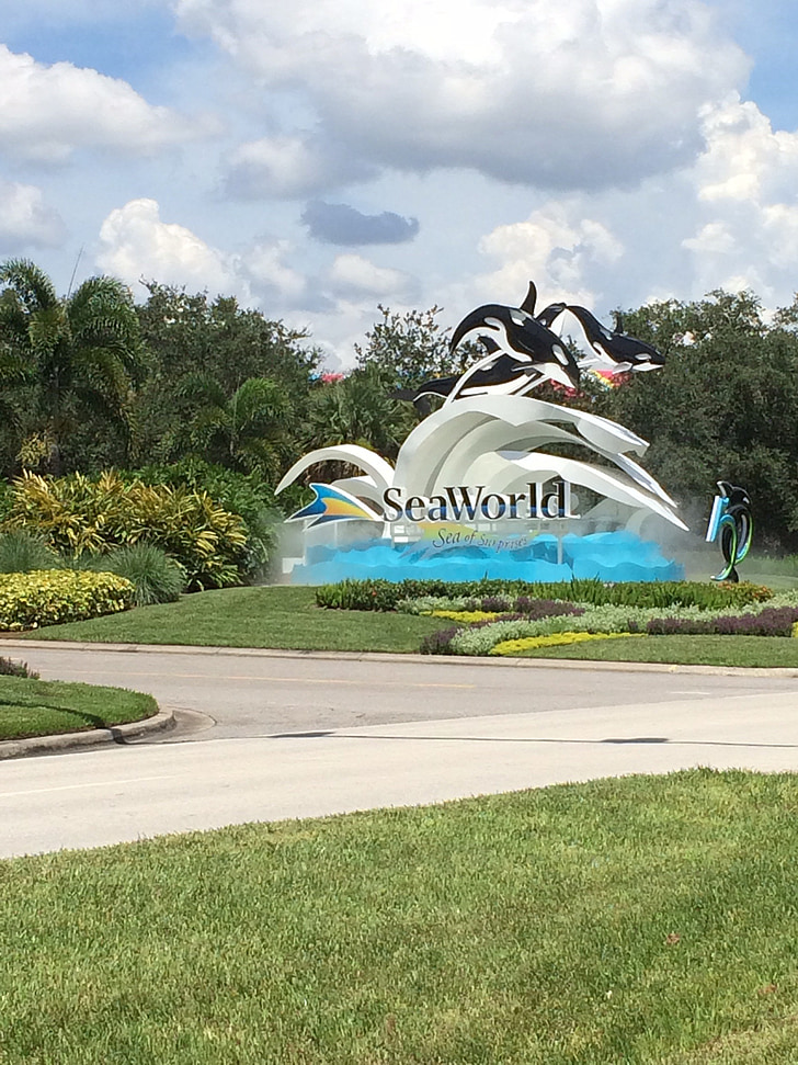monde de la mer, entrée, panneaux de signalisation, Parc d’attractions, Floride, Orlando, Tourisme