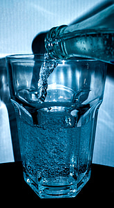 water, bottle, glass, drink, mineral water, carbonic acid, blue