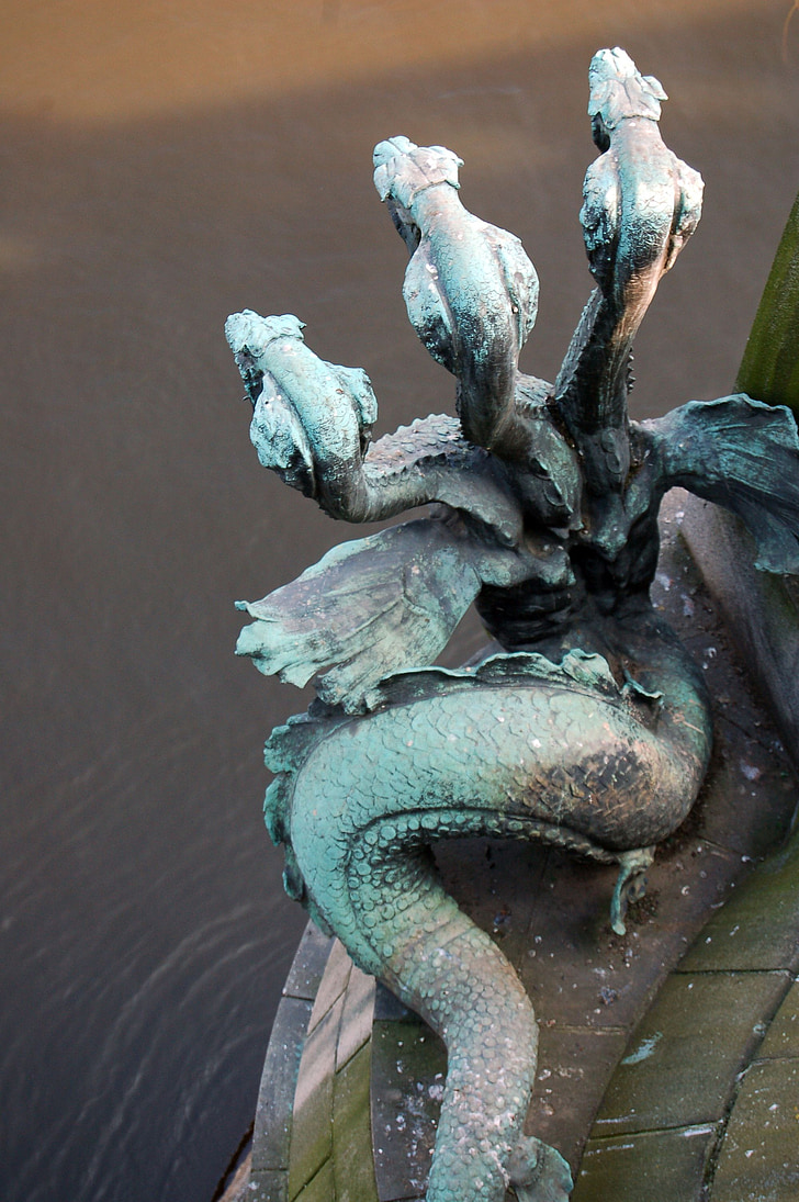 estatua de, Río, puente, Dragón, cabeza, arquitectura