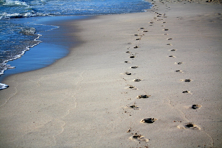 lábnyomok, homok, tenger, óceán, számokat a homokban, nyomok, Beach