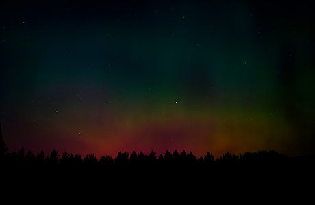 Kuzey ışıkları, gece, gökyüzü, yıldızlar, Renkler, Orman, siluet