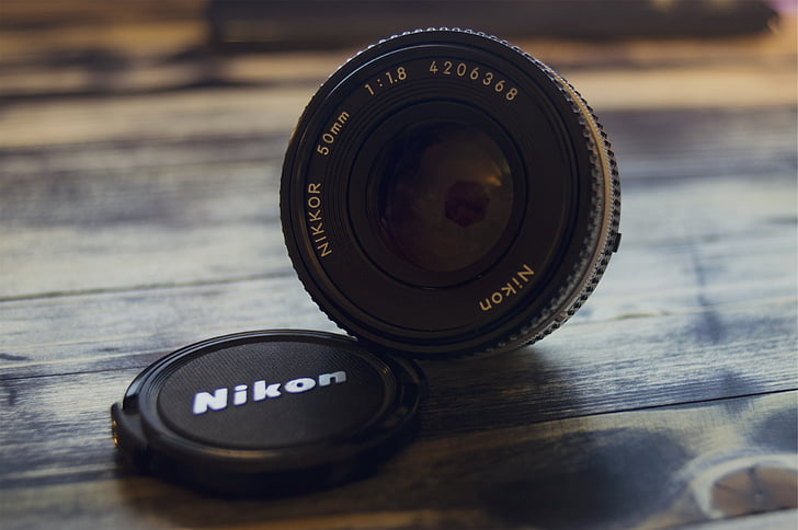 melna, Nikon, kamera, lēcas, brūns, virsma, fotogrāfija