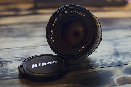 sort, Nikon, kamera, linse, brun, overflade, fotografering