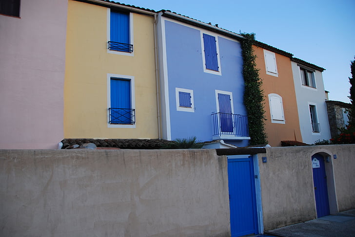 sea, houses, grimaud, france, pastel, colorful, colors