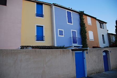 havet, huse, Grimaud, Frankrig, pastel, farverige, farver