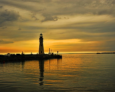 Lake erie, sjön, vatten, Buffalo, Lighthouse, solnedgång, Orange