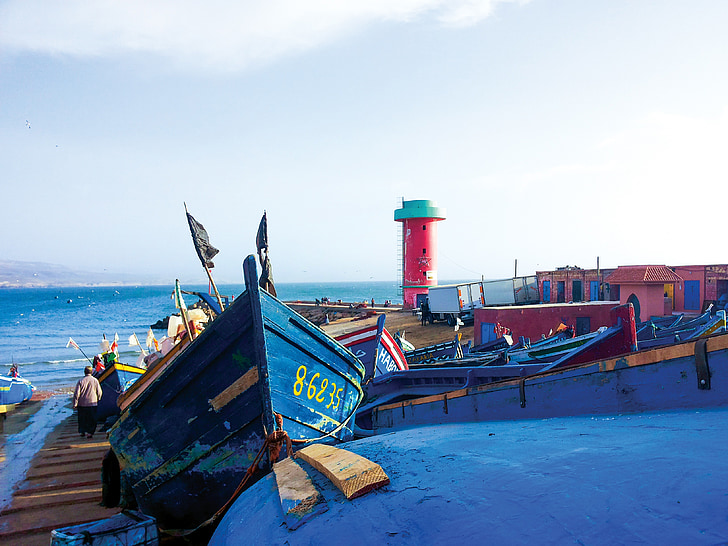 lighthouse, boats, sea, beach, imsouane, morocco