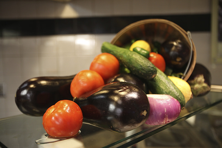 fruits, vegetables, food, kitchen, tomatoes, eggplants, squash