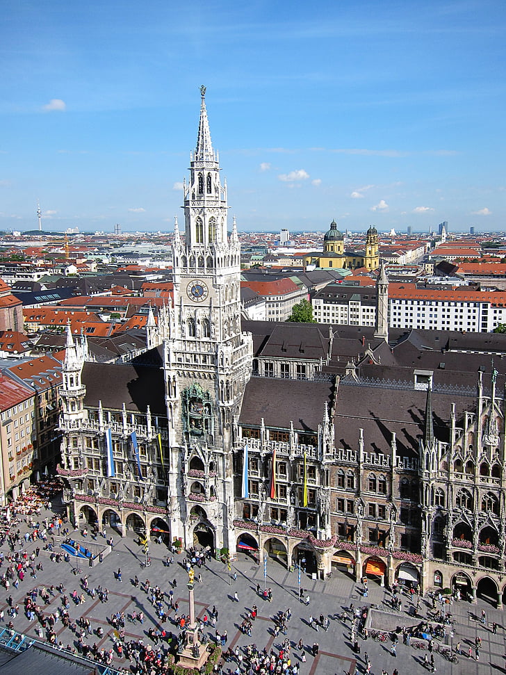 munich, marienplatz, state capital, bavaria, town hall tower, city administration, frauenkirche