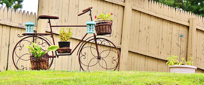 bicikl, dekoracija, bicikl biljka držač, ljeto, travnjak, bicikala, na otvorenom