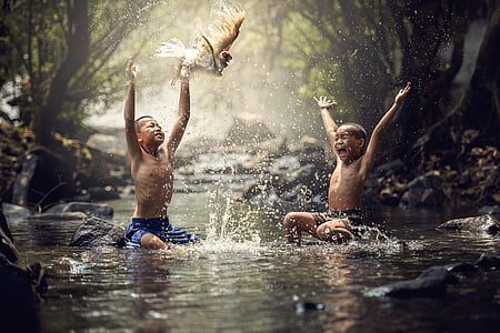 children, river, birds, joy, splash, water, boy