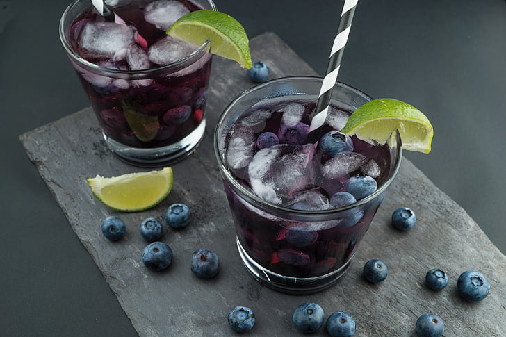 beverage, blueberries, drinking glasses, drinks, fruits, ice, straw
