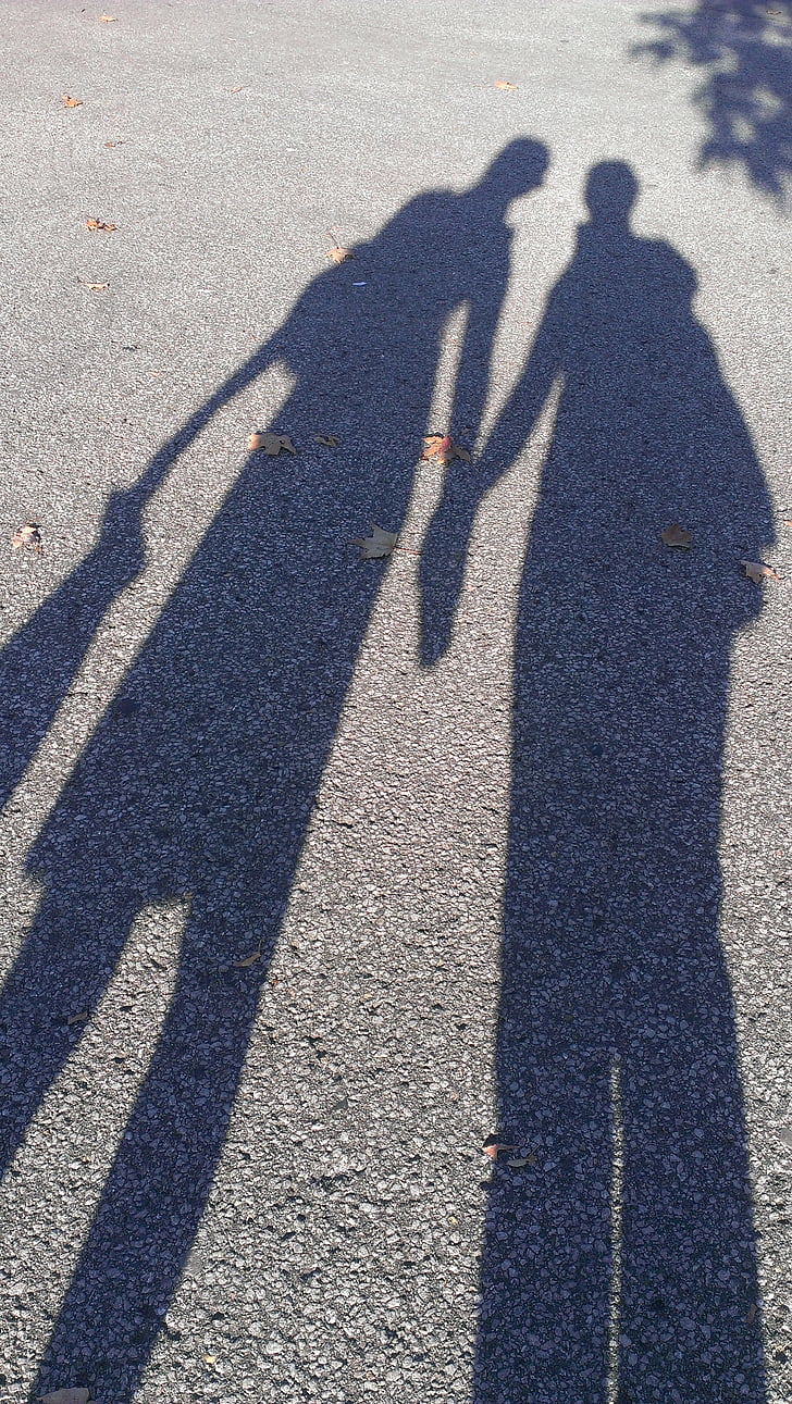 pair, man, woman, holding, hands, shadow, street