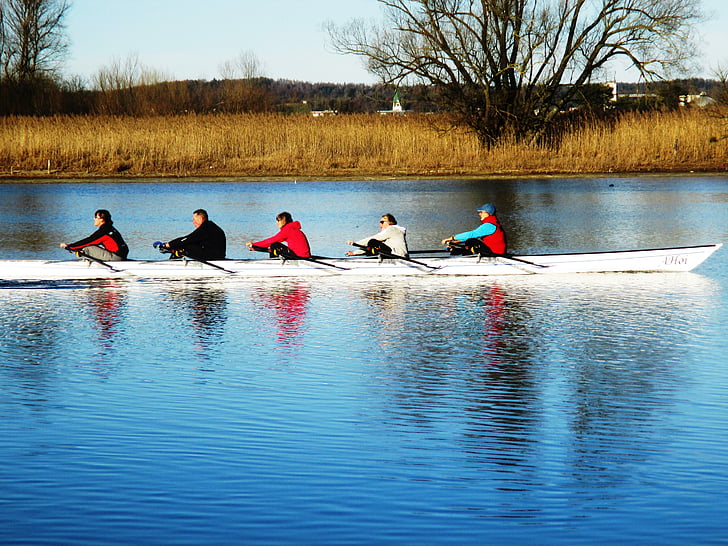 rowing boat, rowing, five seater, boot, sport, strait, connection