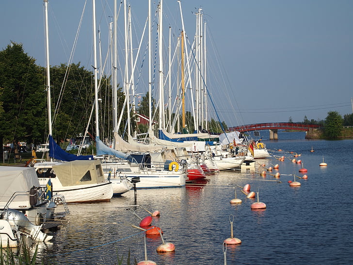 marina, stern buoys, sailing ships, boats, lake, river, summer