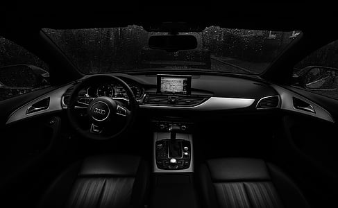 audi, automobile, automotive, black-and-white, car, car interior, dashboard