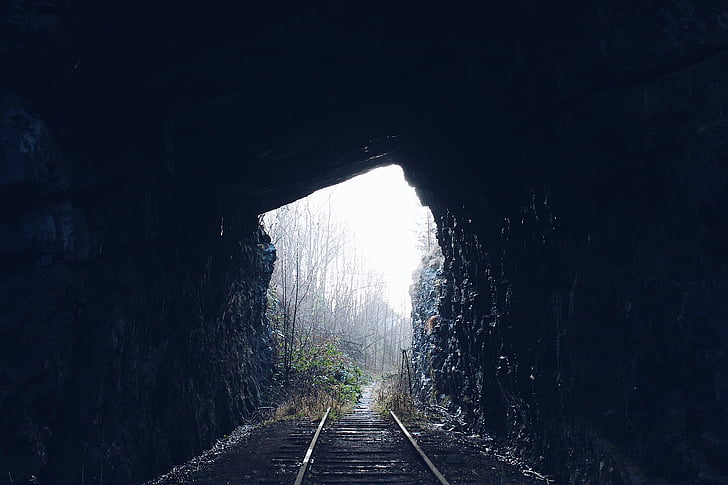 tunnel, dark, woods, forest, train, rail, ride