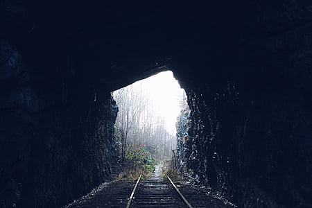 tunnelen, mørk, skogen, skog, tog, jernbane, ri