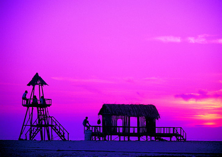 Pantai, matahari terbenam, menara penjaga pantai, ungu, merah muda, laut, liburan