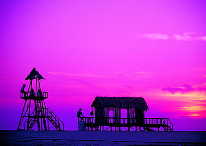 strand, zonsondergang, badmeester toren, paars, roze, zee, vakanties